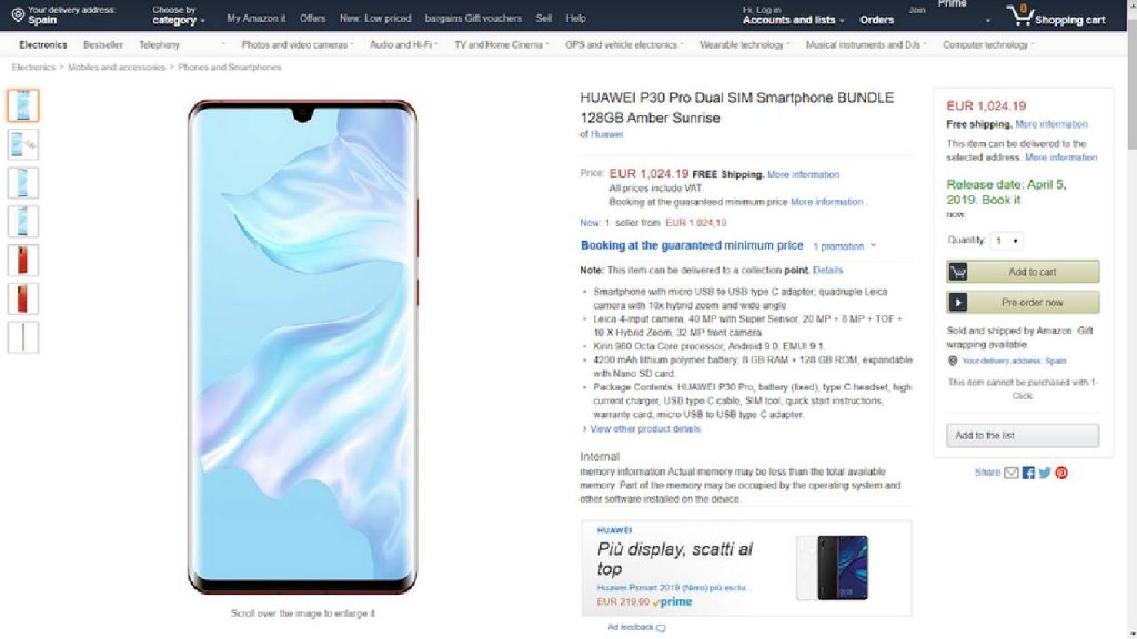 Huawei P30 Pro Amazon'da